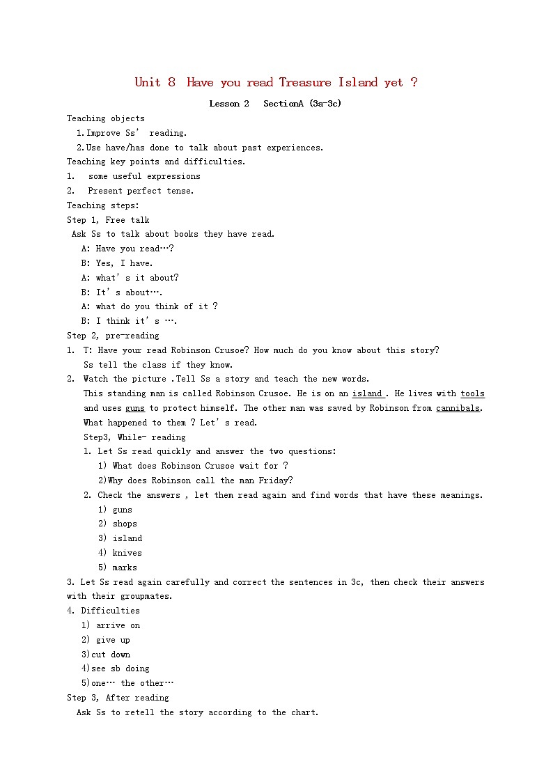 山东省郯城县新村乡中学八年级英语下册 Unit 8 Have you read Treasure Island yet Section A（3a-3c）教案01