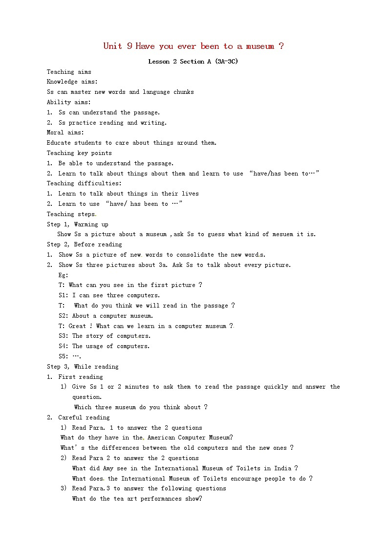 山东省郯城县新村乡中学八年级英语下册 Unit 9 Have you ever been to a museum Section A（3a-3c）教案01