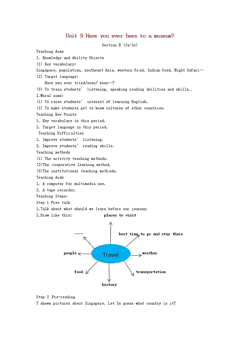 山东省郯城县新村乡中学八年级英语下册 Unit 9 Have you ever been to a museum Section B（2a-2e）教案01