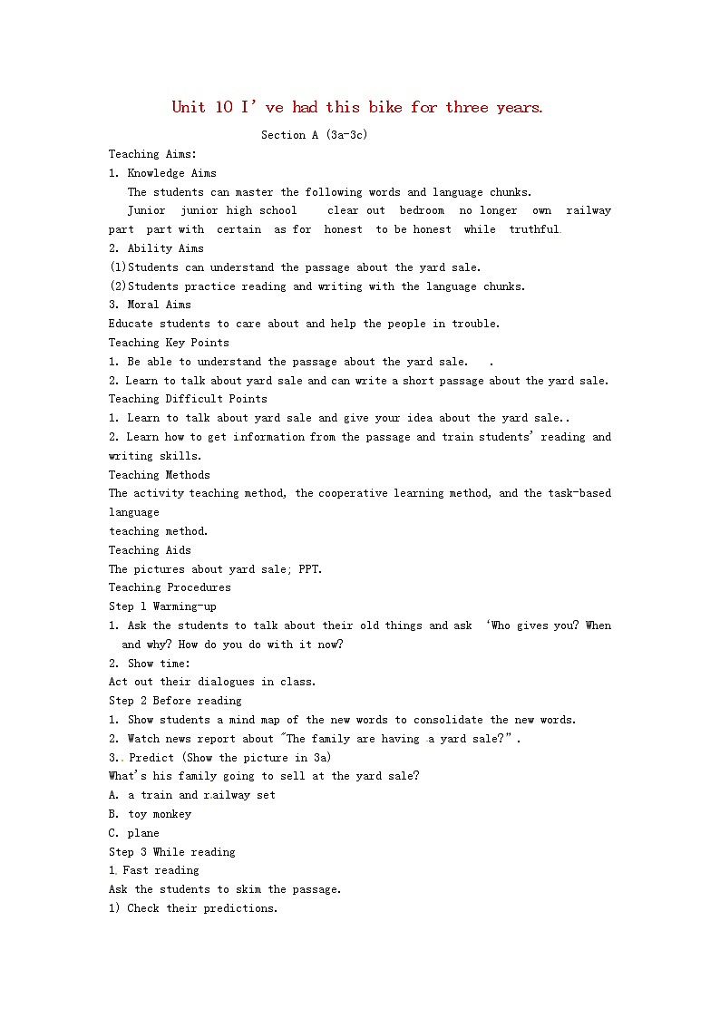 山东省郯城县新村乡中学八年级英语下册 Unit 10 I’ve had this bike for three years Section A（3a-3c）教案101
