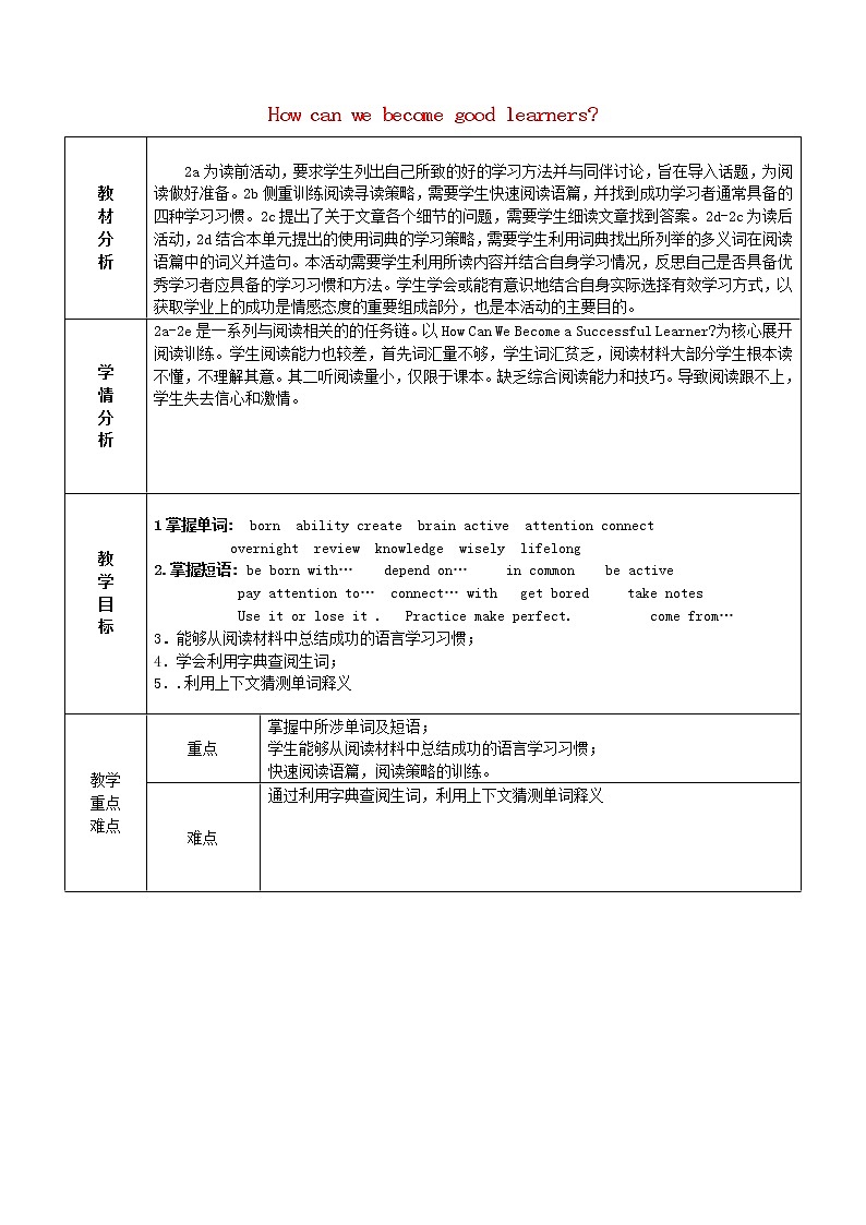 陕西省石泉县池河中学九年级英语全册 Unit 1 How can we become good learners Section B（2a-2e）教案 （新版）人教新目标版01