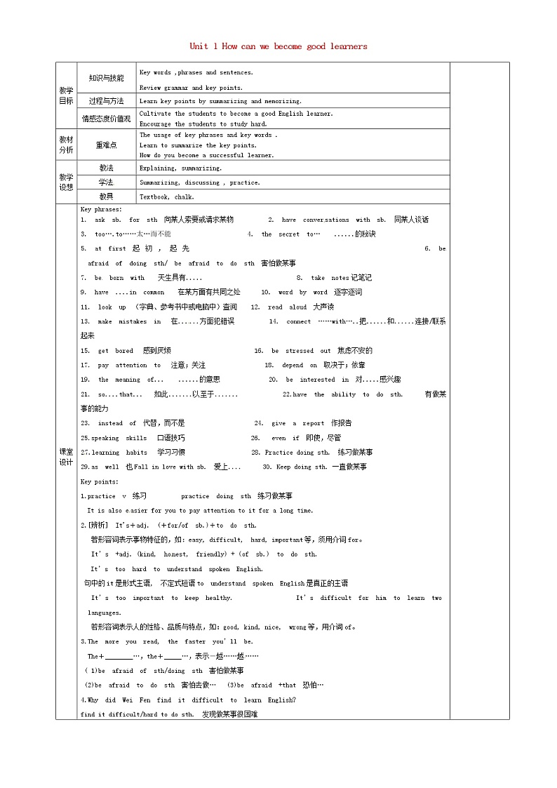 甘肃省宁县第五中学九年级英语全册 Unit 1 How can we become good learners Period 7教案 （新版）人教新目标版01
