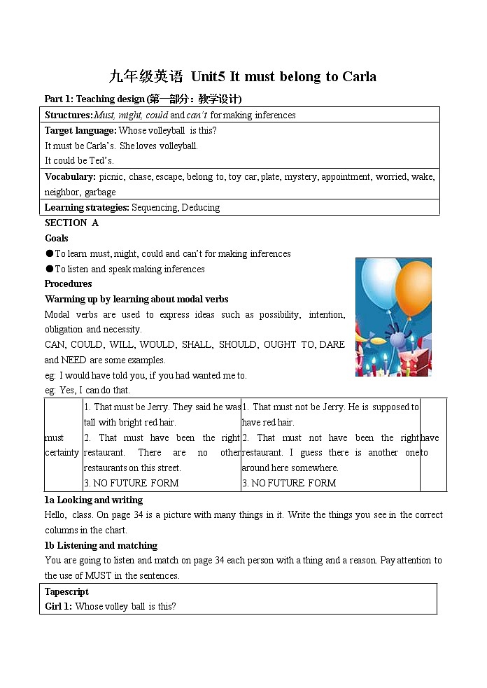 九年级英语 Unit5 It must belong to Carla教案01