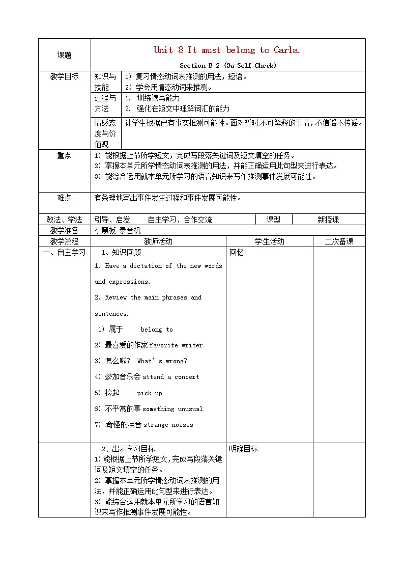 吉林省梅河口市曙光镇中学九年级英语全册 Unit 8 It must belong to Carla Section B（3a-Self Check）教案01