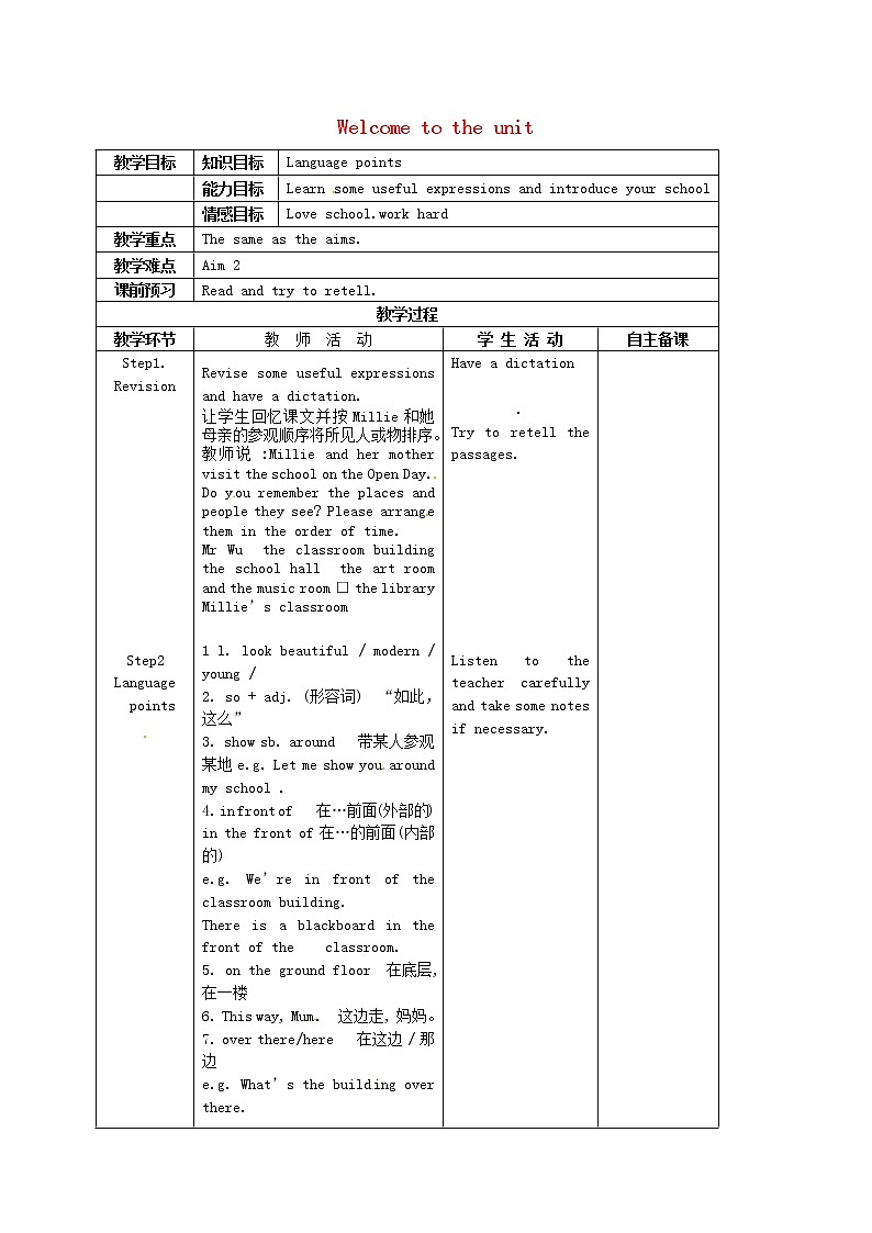 江苏省兴化市昭阳湖初级中学七年级英语上册《Unit 3 Welcome to our school》reading 2教案第1页