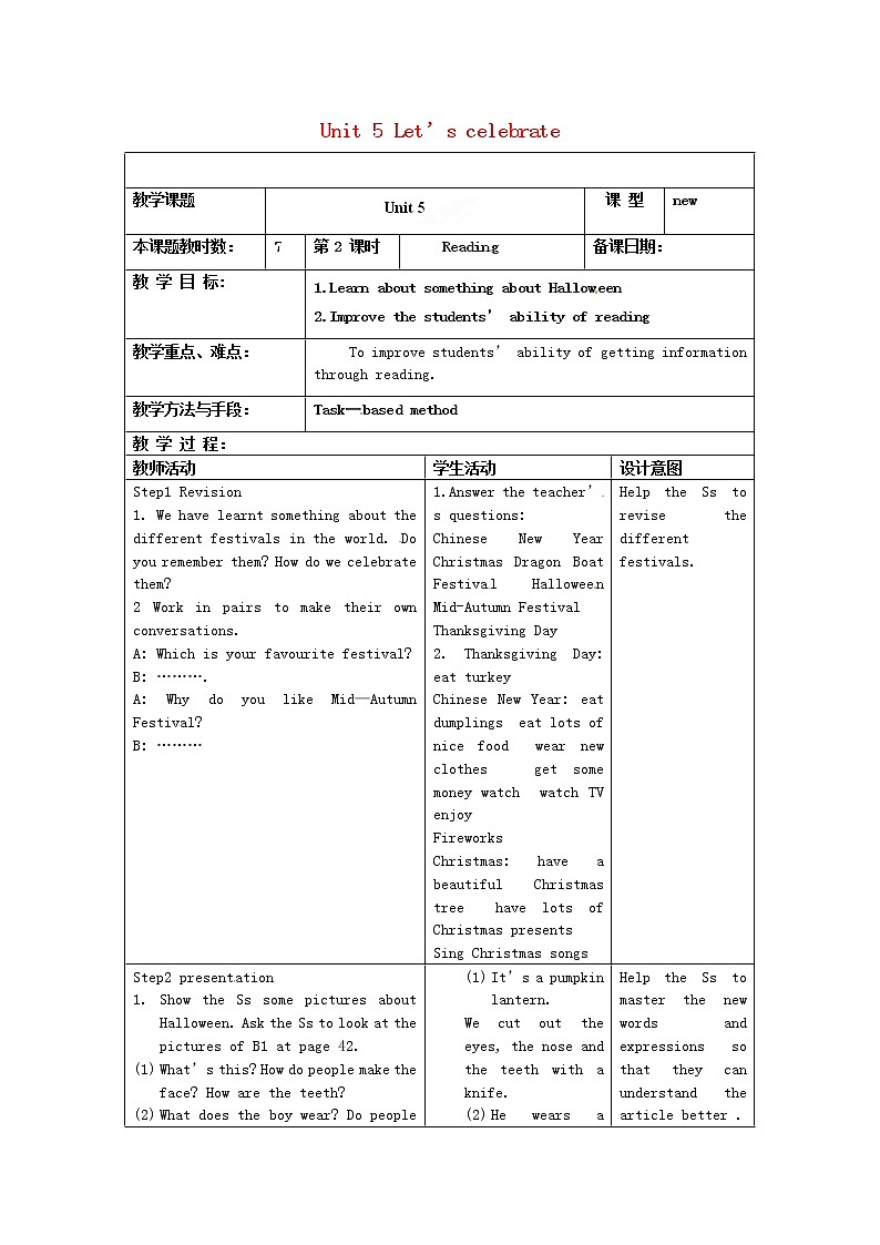 江苏省昆山市锦溪中学七年级英语上册 Unit 5 Let’s celebrate Reading教案第1页