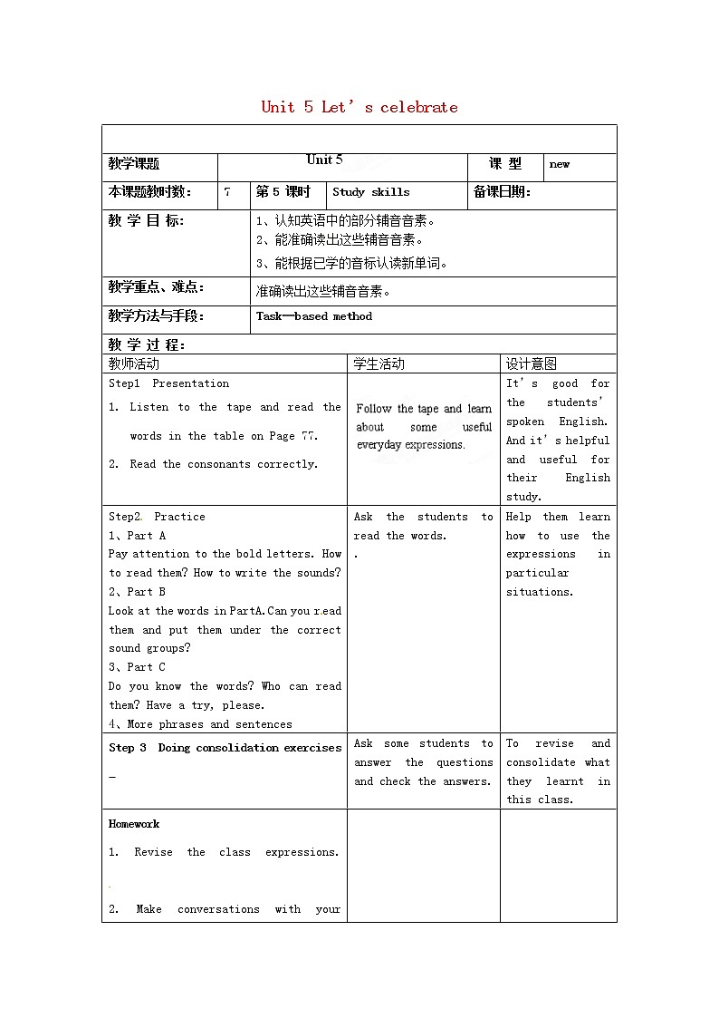 江苏省昆山市锦溪中学七年级英语上册 Unit 5 Let’s celebrate Study skills教案第1页