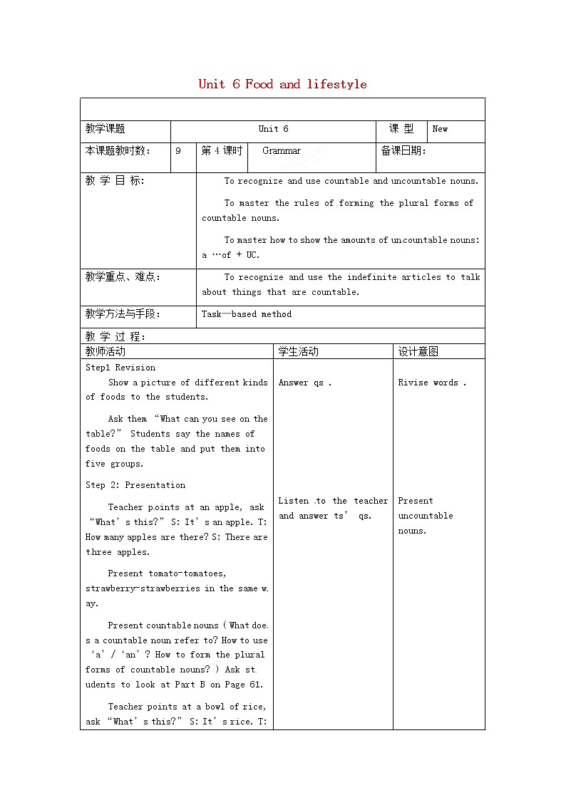 江苏省昆山市锦溪中学七年级英语上册 Unit 6 Food and lifestyle Grammar教案01