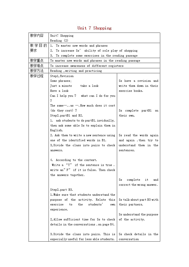 七年级英语上册 Unit 7《Shopping》（Reading 2）教案第1页