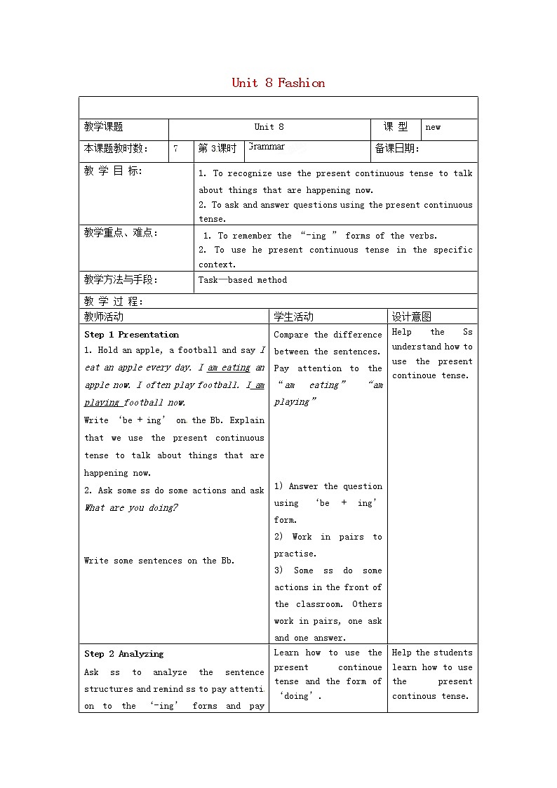 江苏省昆山市锦溪中学七年级英语上册 Unit 8 Fashion Grammar教案第1页