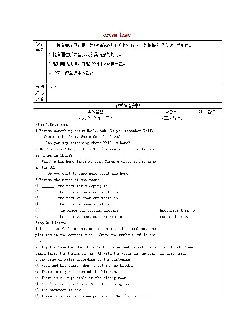 江苏省宿迁市宿豫区关庙镇初级中学七年级英语下册 Unit 1 Dream homes integrated skills & study skills教案01