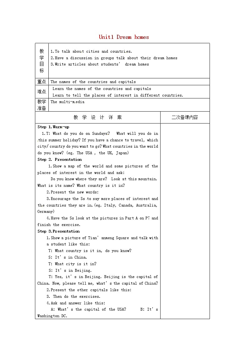 牛津译林初中英语七下Unit 1 Dream homes Welcome to the unit》教案01