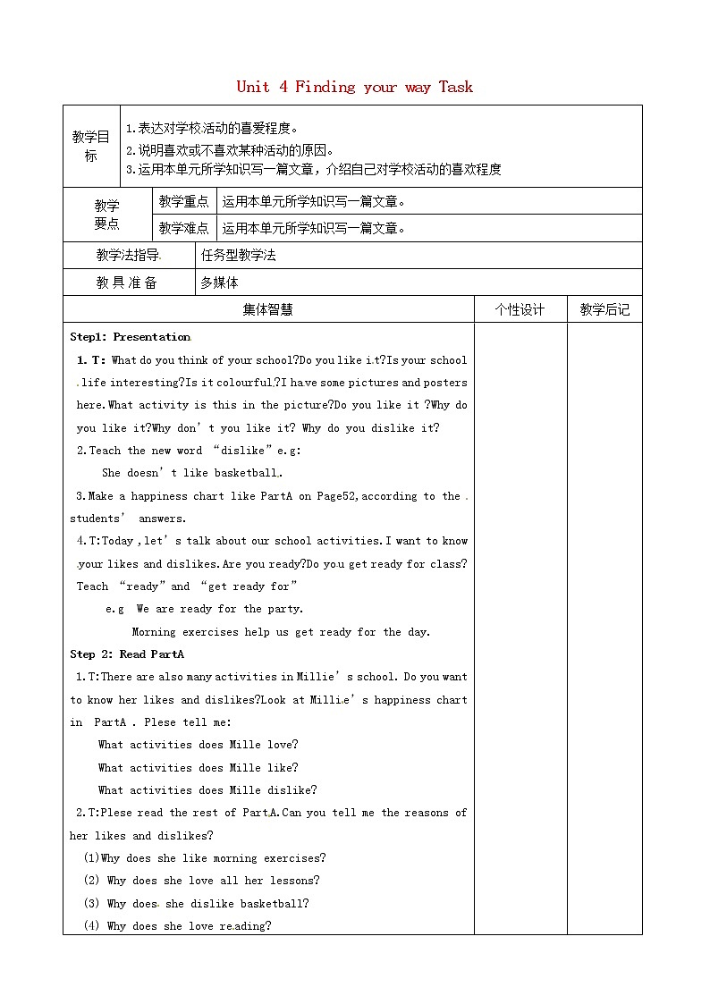江苏省宿豫区丁嘴中心学校七年级英语下册 Unit 4 Finding your way Task教案01
