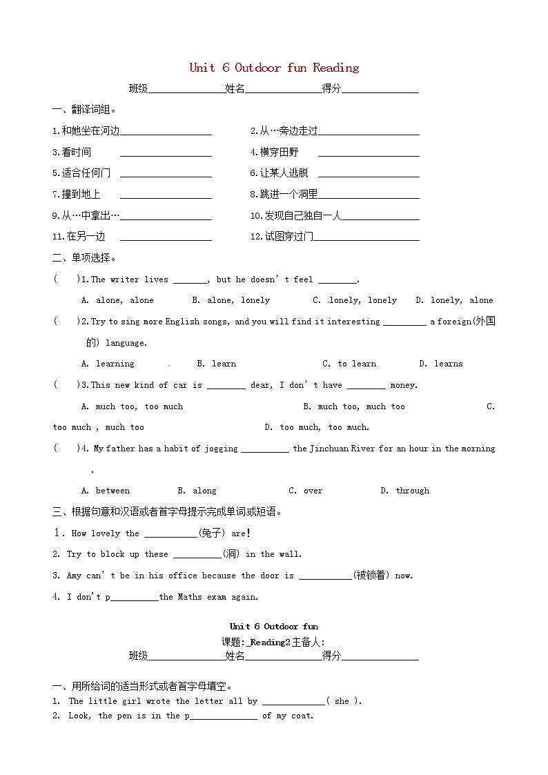 江苏省连云港市朝阳中学七年级英语下册 Unit 6 Outdoor fun Reading导学案（无答案）教案01