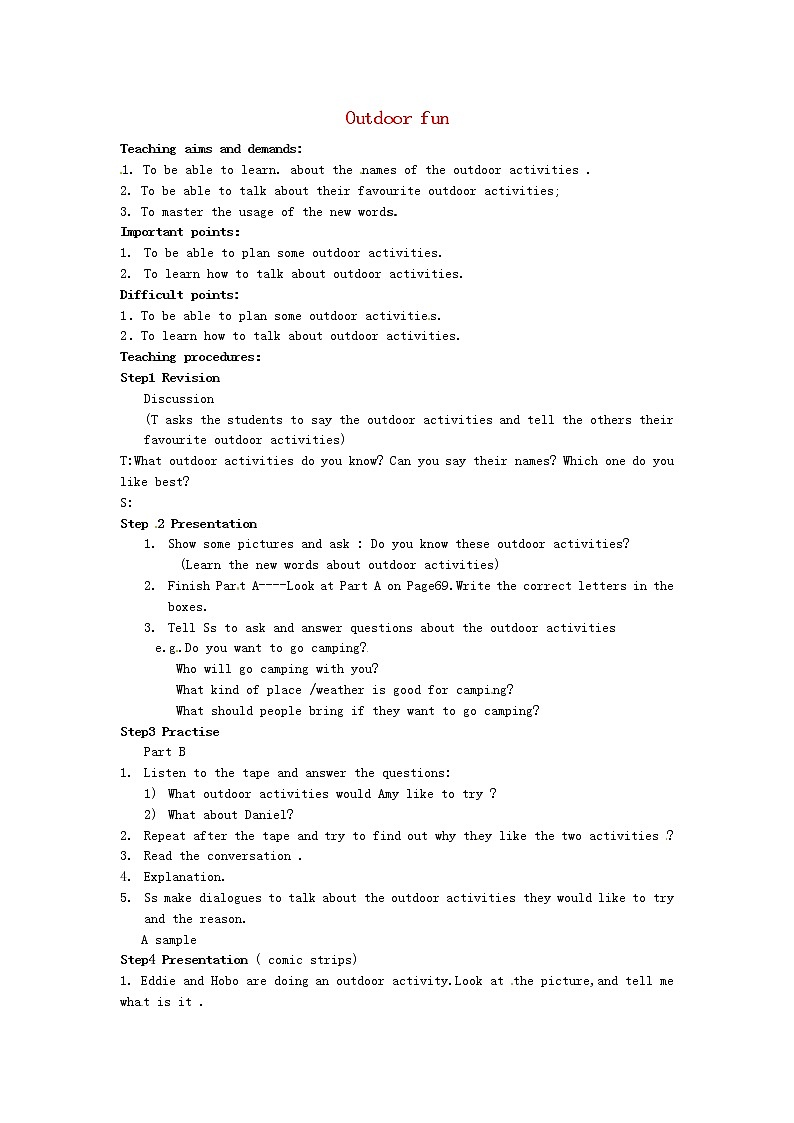 江苏省兴化市昭阳湖初级中学七年级英语下册 Unit 6 Outdoor fun Welcome to the unit教案01