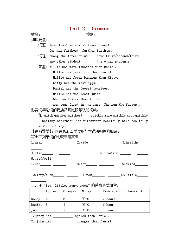 江苏省句容市后白中学八年级英语上册 Unit 2 School life Grammar学案（无答案）（新版）牛津版教案第1页