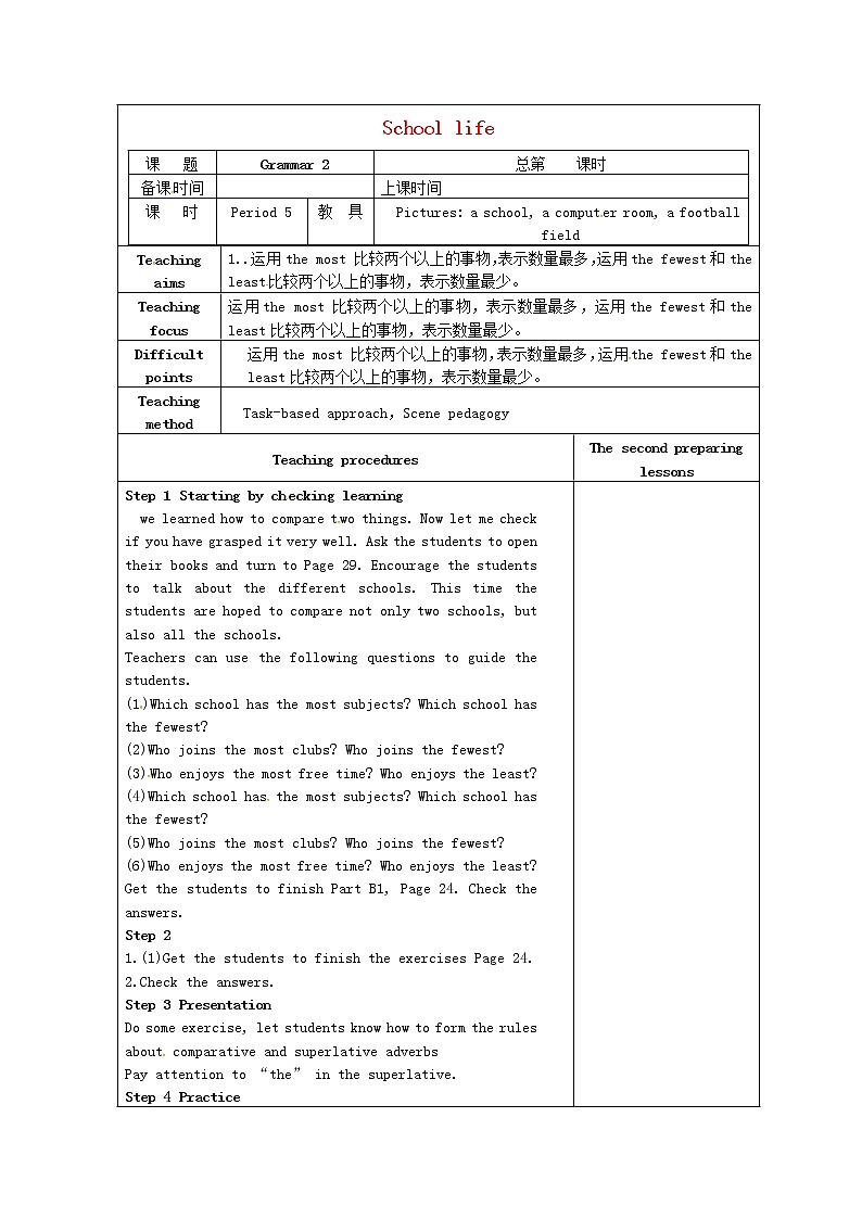 江苏省仪征市第三中学八年级英语上册 Unit 2 School life Grammar 2教案第1页