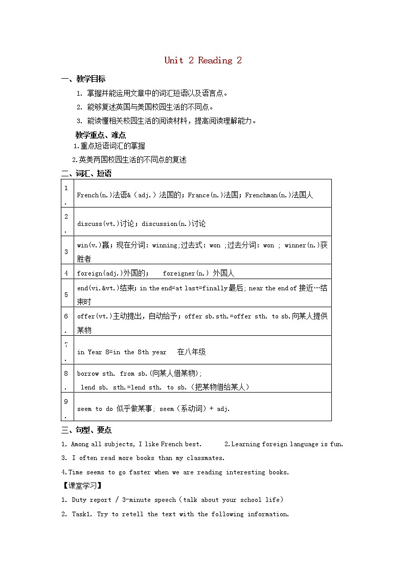 江苏省句容市后白中学八年级英语上册 Unit 2 School life reading 2教案01