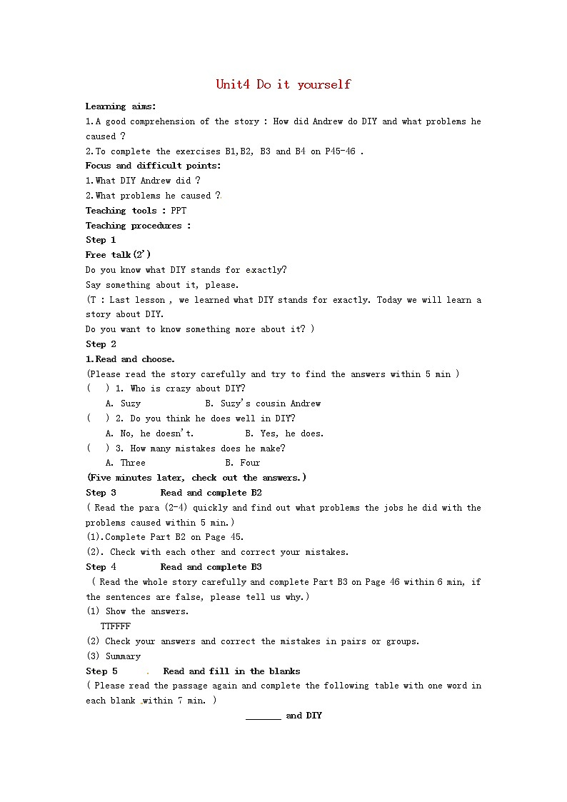 江苏省连云港市东海晶都双语学校八年级英语上册 Unit 4 Do it yourself reading 1教案01