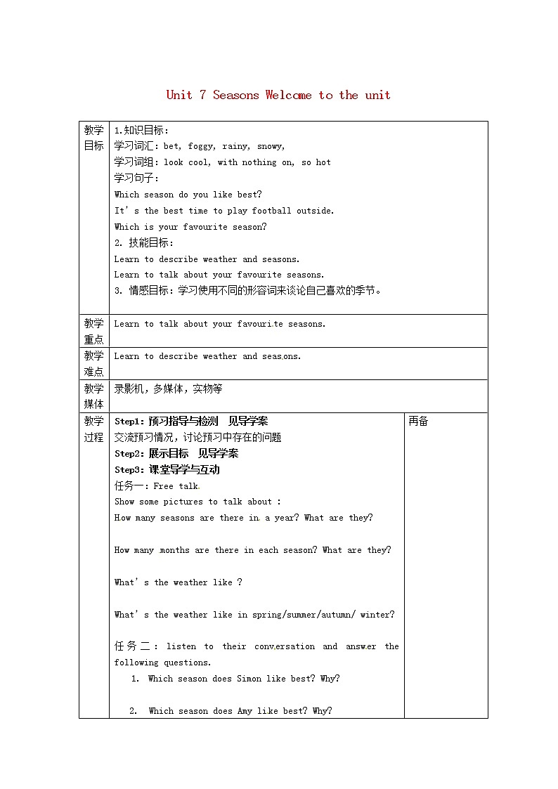 江苏省高邮市龙虬初级中学八年级英语上册 Unit 7 Seasons Welcome to the Unit教案第1页