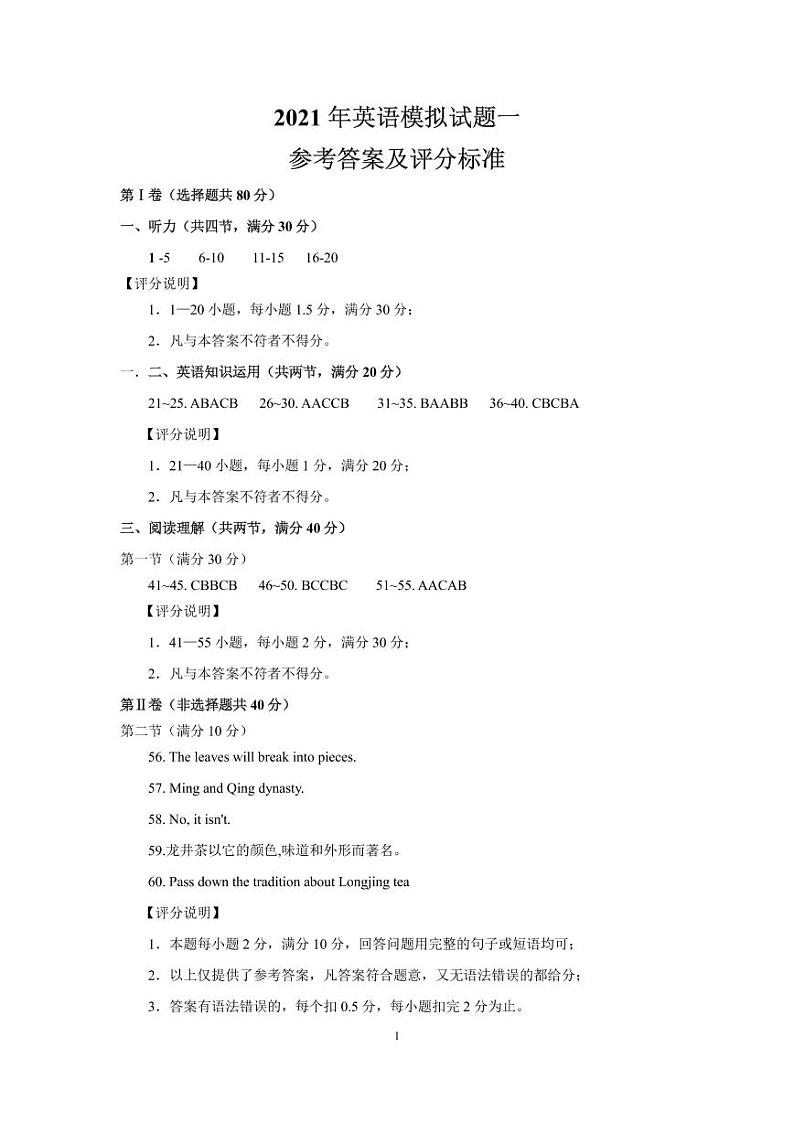 英语模拟试题一参考答案第1页