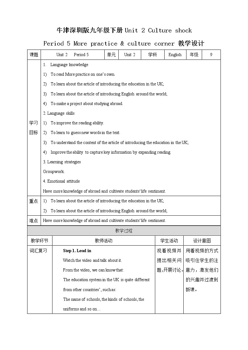 Unit 2 Culture shock Period 5 more practice & culture corner（课件34张PPT+教案+导学案）01