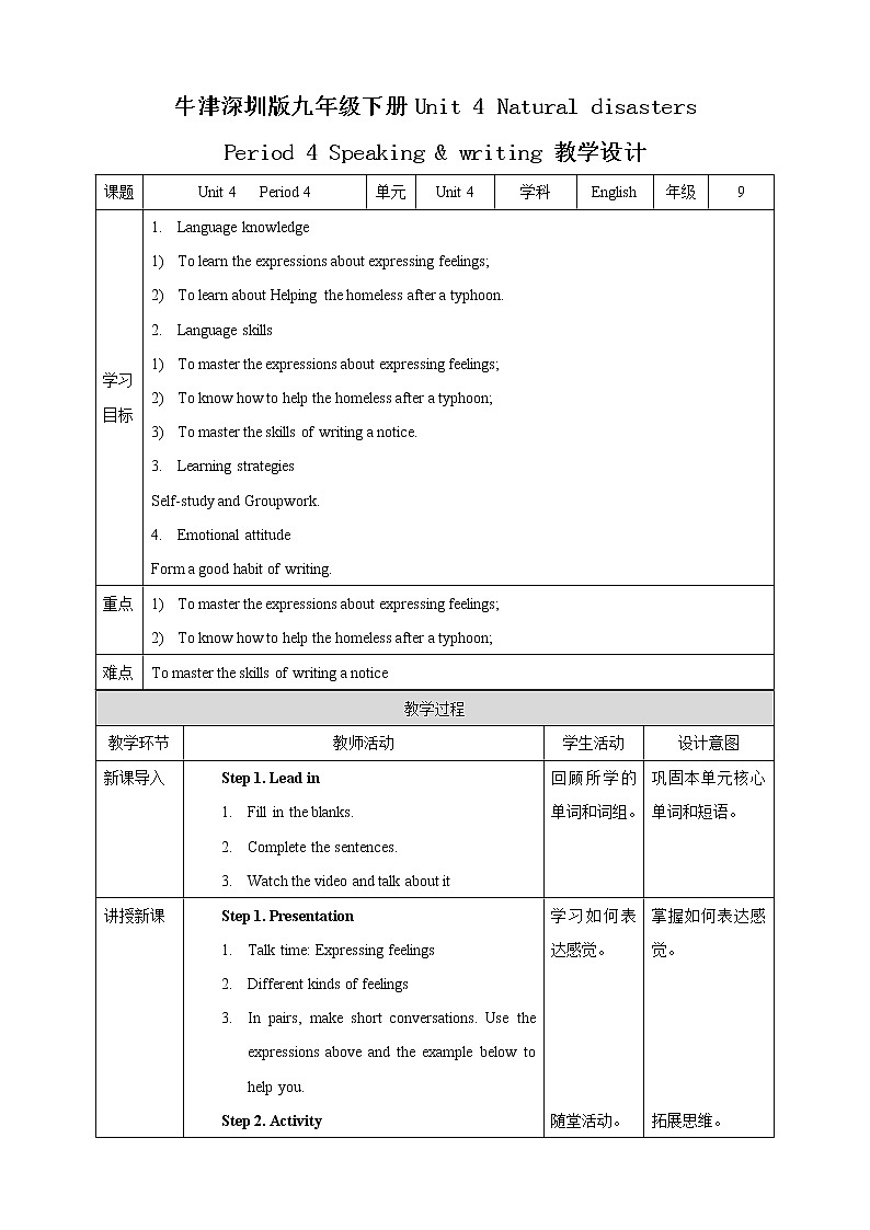 Unit 4 Natural disasters Period 4 Speaking & writing 教案第1页