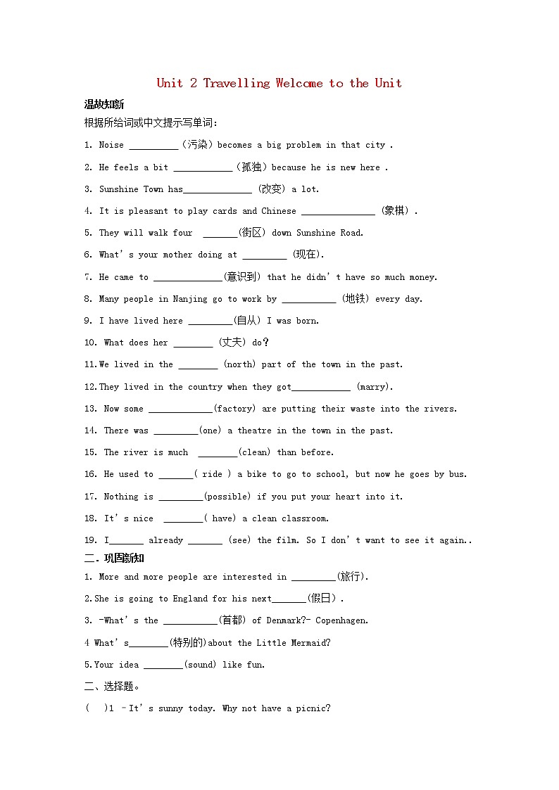 江苏省兴化市昭阳湖初级中学八年级英语下册 Unit 2 Travelling Welcome to the Unit练习（无答案）教案01