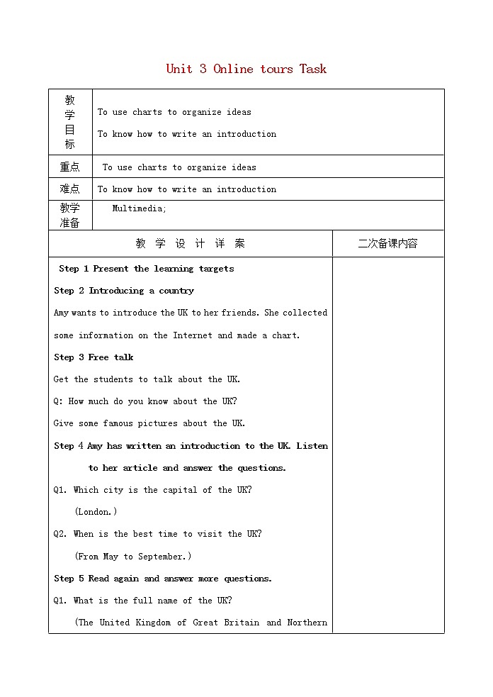 江苏省兴化市昭阳湖初级中学八年级英语下册 Unit 3 Online tours Task教案01