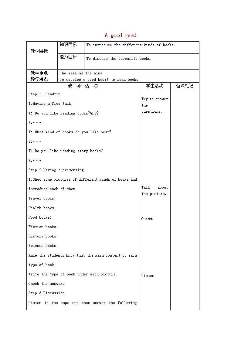 江苏省盐城市盐都县郭猛中学八年级英语下册《Unit 4 A good read Welcome to the Unit》教案01