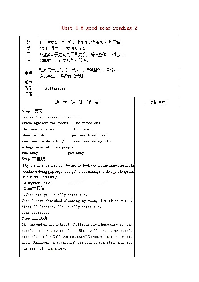 江苏省兴化市昭阳湖初级中学八年级英语下册 Unit 4 A good read reading 2教案01