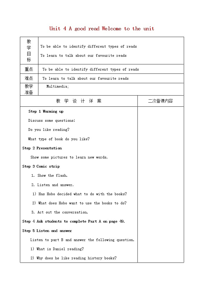 江苏省兴化市昭阳湖初级中学八年级英语下册 Unit 4 A good read Welcome to the unit教案01