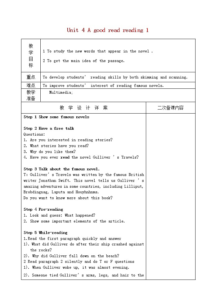 江苏省兴化市昭阳湖初级中学八年级英语下册 Unit 4 A good read reading 1教案01