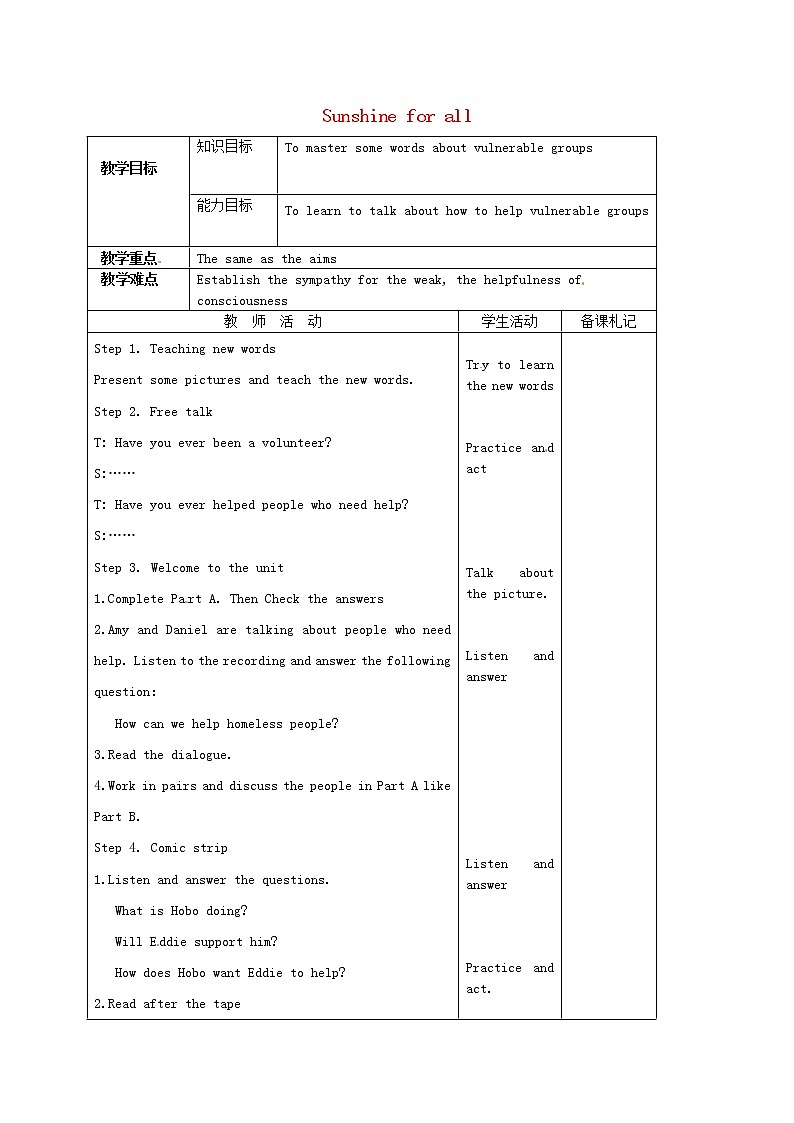 江苏省盐城市盐都县郭猛中学八年级英语下册《Unit 6 Sunshine for all Welcome to the Unit》教案01