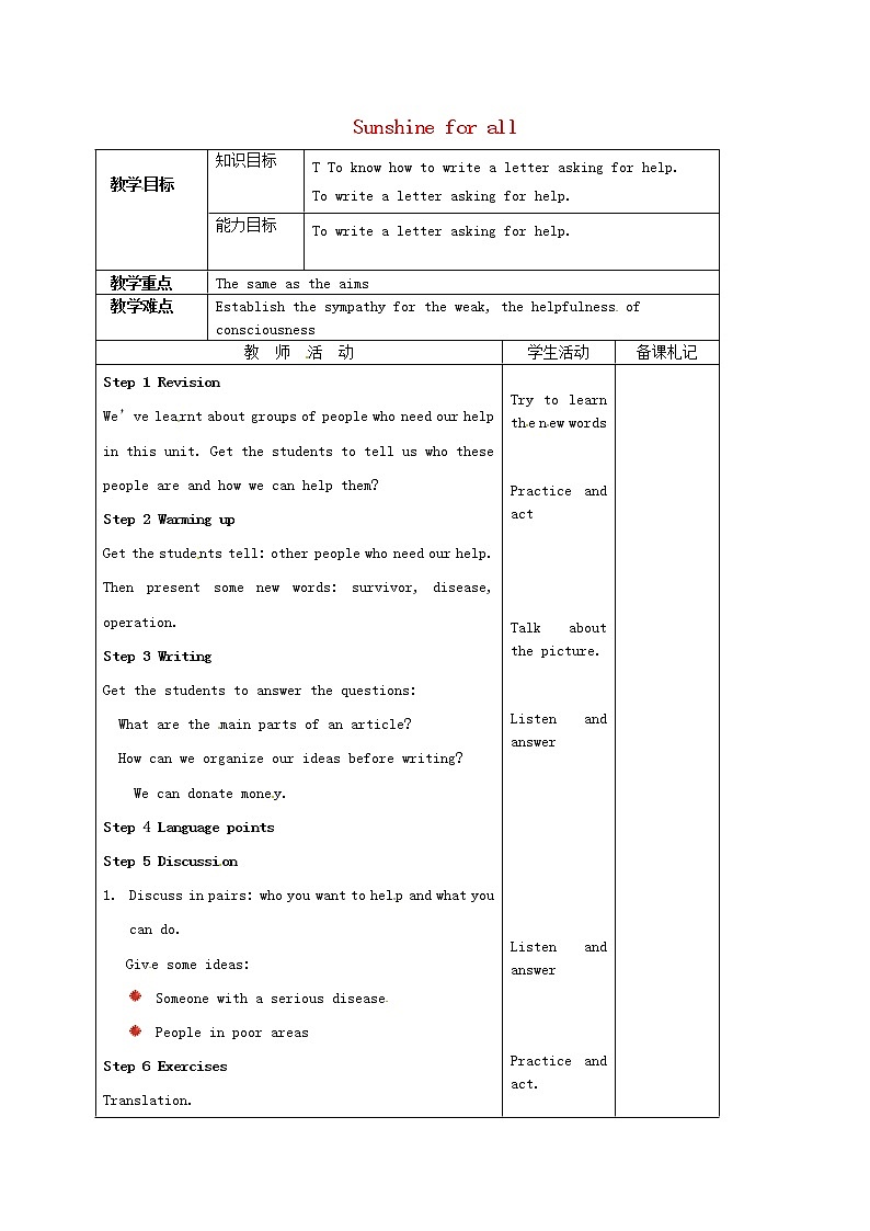 江苏省盐城市盐都县郭猛中学八年级英语下册《Unit 6 Sunshine for all task》教案第1页