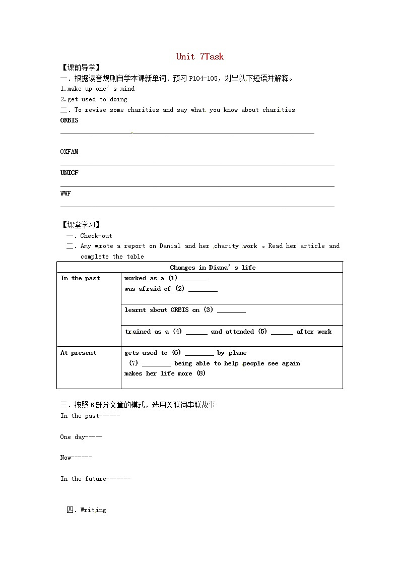 江苏省句容市天王中学八年级英语下册 Unit 7 International Charities Task学案（无答案）教案01