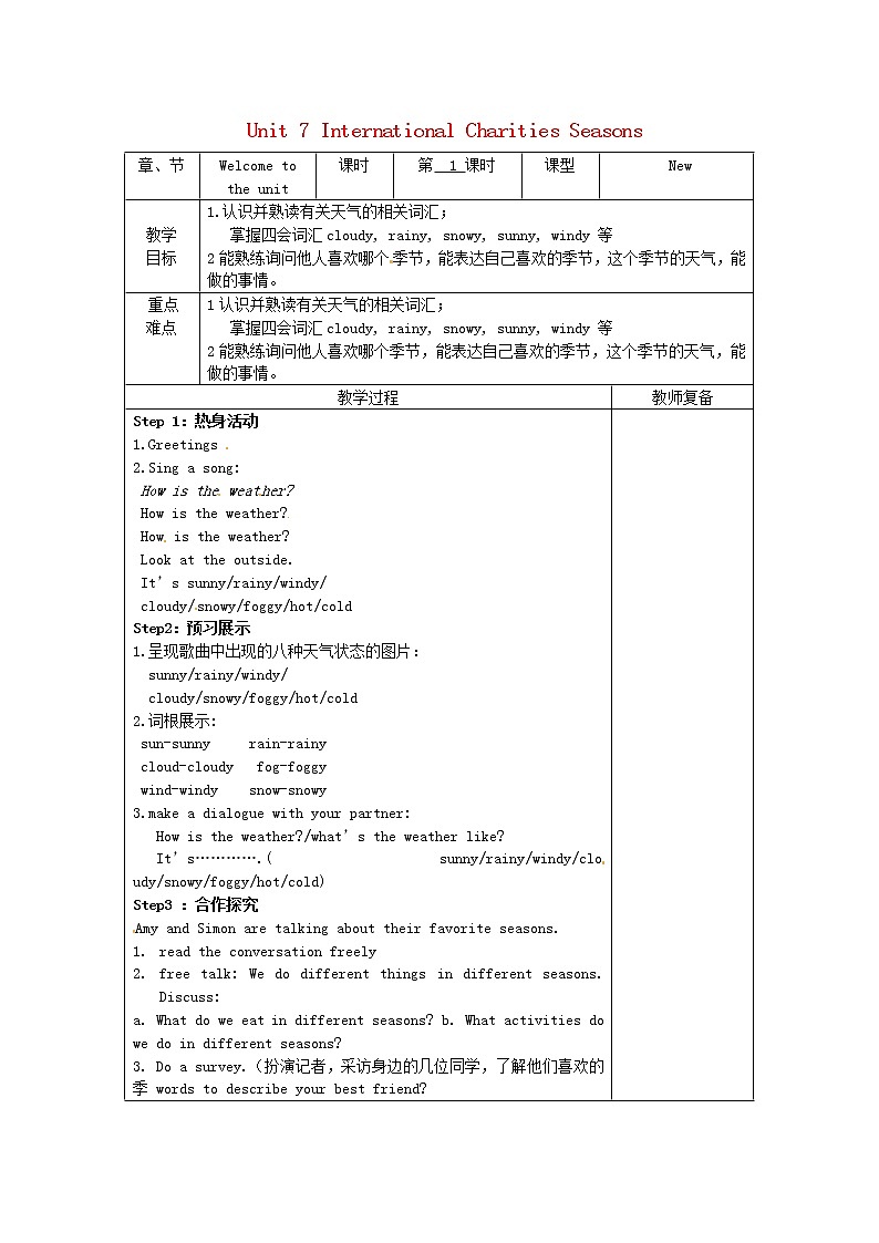 江苏省连云港市岗埠中学八年级英语下册 Unit 7 International Charities Seasons Welcome to the unit教案01