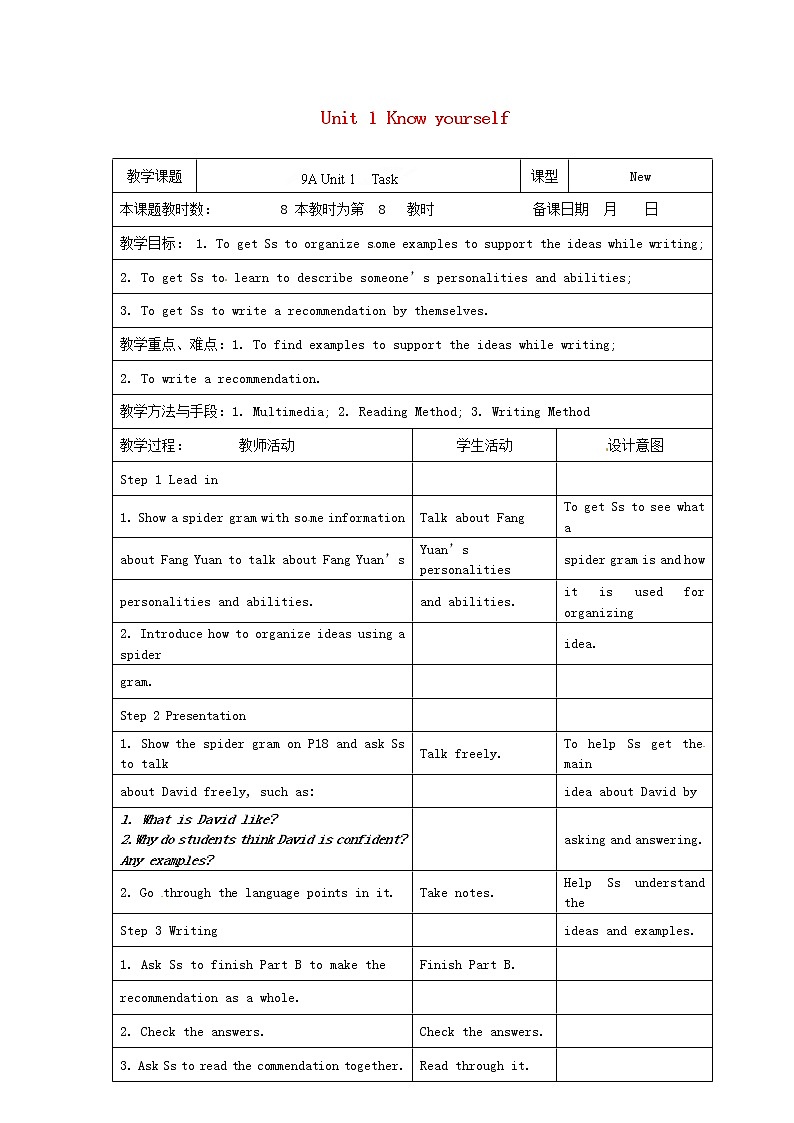 江苏省昆山市锦溪中学九年级英语上册 Unit 1 Know yourself Task教案01