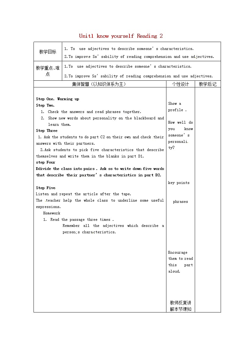 江苏省宿迁市宿豫区关庙初级中学九年级英语上册 Unit 1 Know yourself Reading 2教案第1页