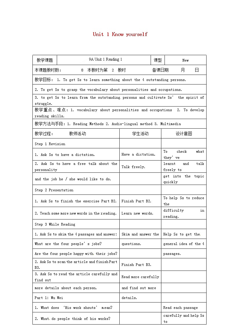 江苏省昆山市锦溪中学九年级英语上册 Unit 1 Know yourself Reading1教案01