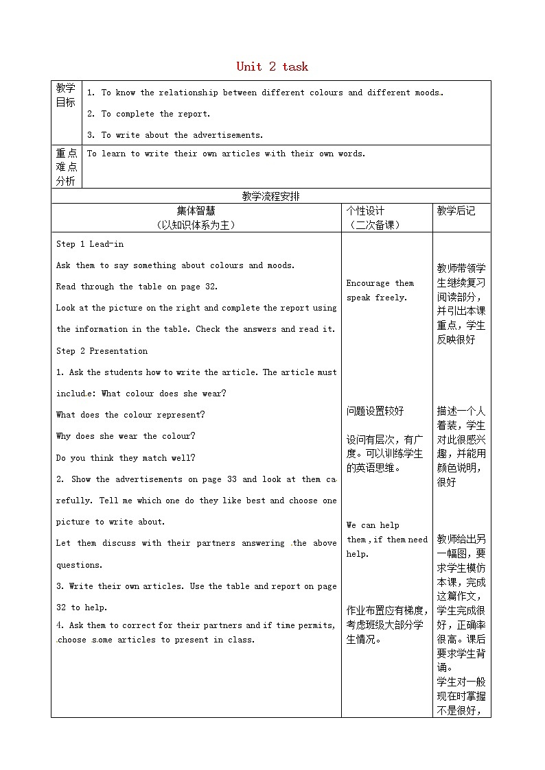 江苏省宿迁市宿豫区关庙初级中学九年级英语上册 Unit 2 Colour task教案01