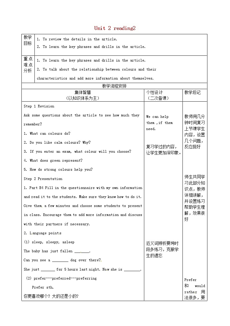 江苏省宿迁市宿豫区关庙初级中学九年级英语上册 Unit 2 Colour reading 2教案01