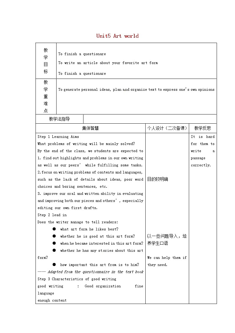江苏省宿迁市宿豫区关庙初级中学九年级英语上册 Unit 5 Art world Task教案01