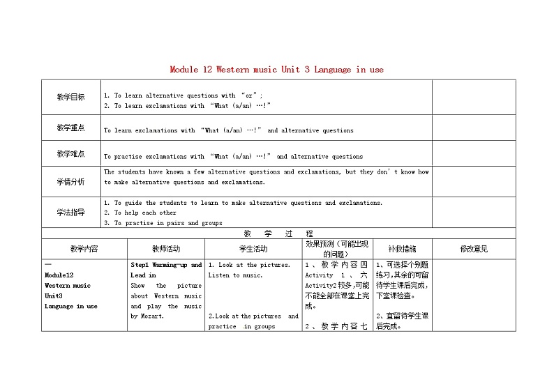 四川省华蓥市明月镇七年级英语下册 Module 12 Western music Unit 3 Language in use教案01