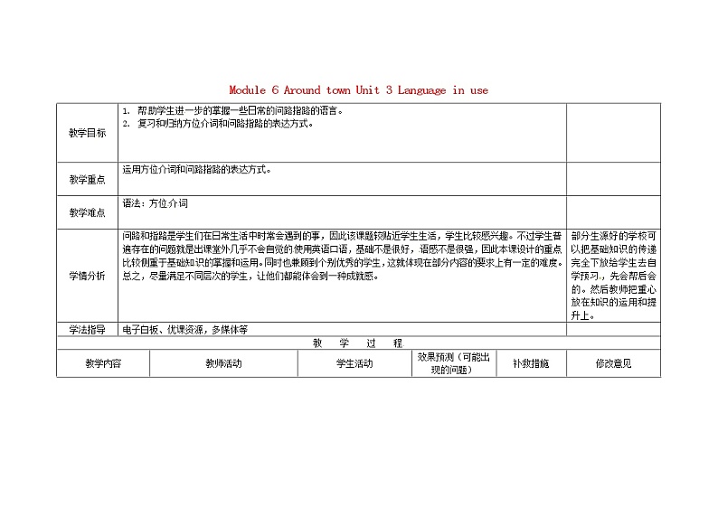 四川省华蓥市明月镇七年级英语下册 Module 6 Around town Unit 3 Language in use教案01