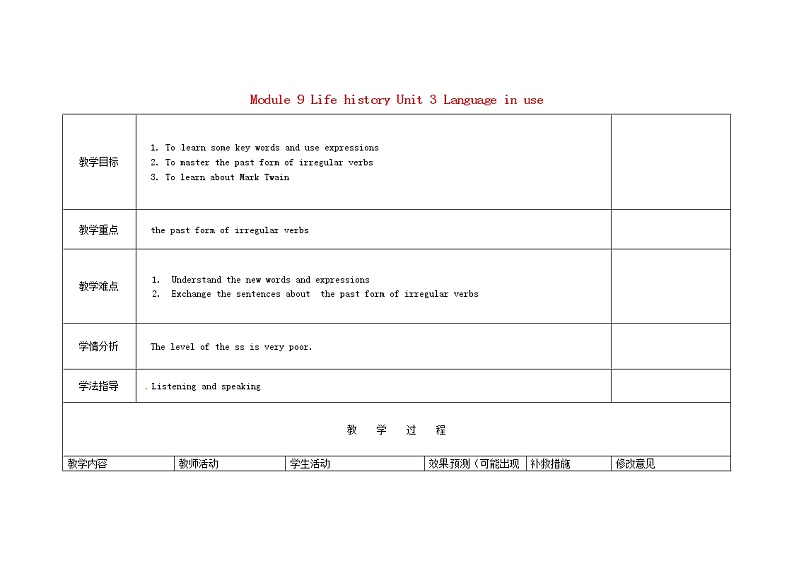 四川省华蓥市明月镇七年级英语下册 Module 9 Life history Unit 3 Language in use教案1第1页