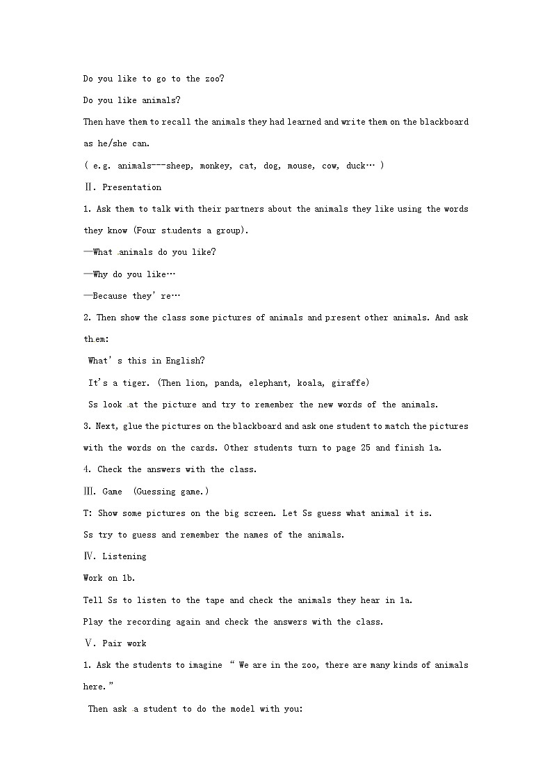 七年级英语下册 Unit 5 Why do you like pandas（Section A 1a-2d）教案 （新版）人教新目标版02