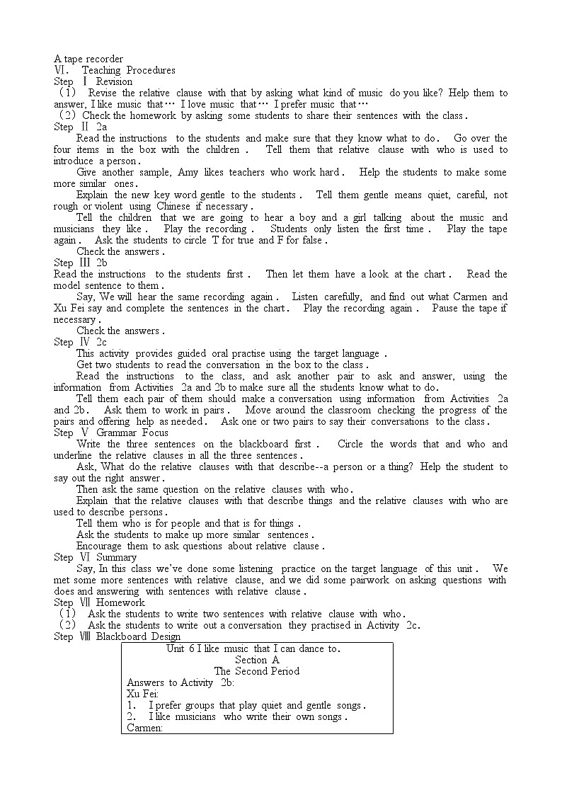 九年级英语 Unit6 I like music that I can dance to教案103