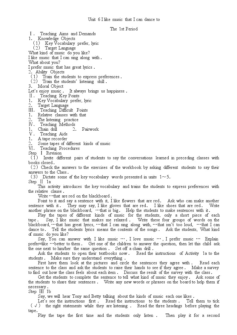 九年级英语Unit6 I like music that I can dance to教案1 上学期01