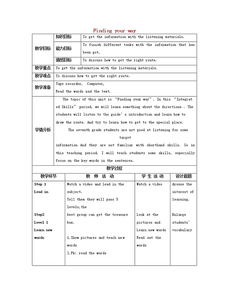 牛津译林初中英语七下Unit 4 Finding your way Integrated skills教案01